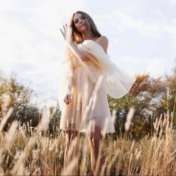 Ruffle dress mesh off shoulder fairy layer cream bell wide sleeve - Picture 9 of 15